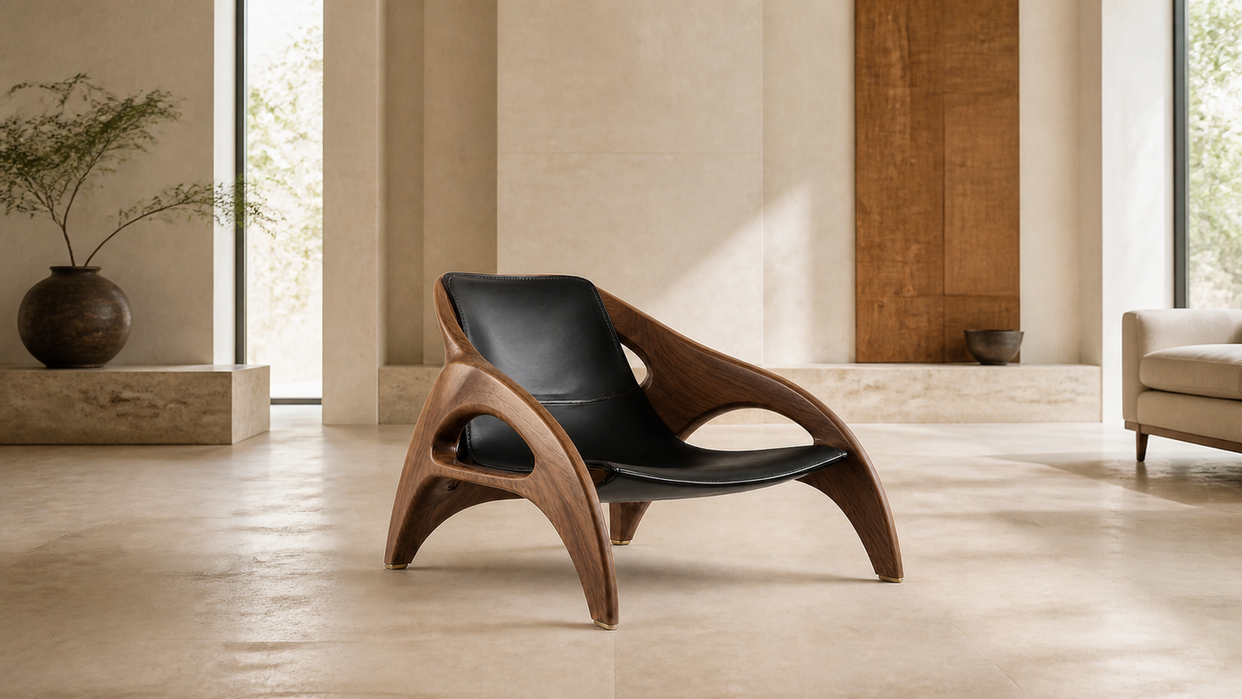 AUTHË v2 panoramic header — Arc Lounge in a light limestone interior, showing its two carved walnut frames, black saddle leather and four bronze floor shoes