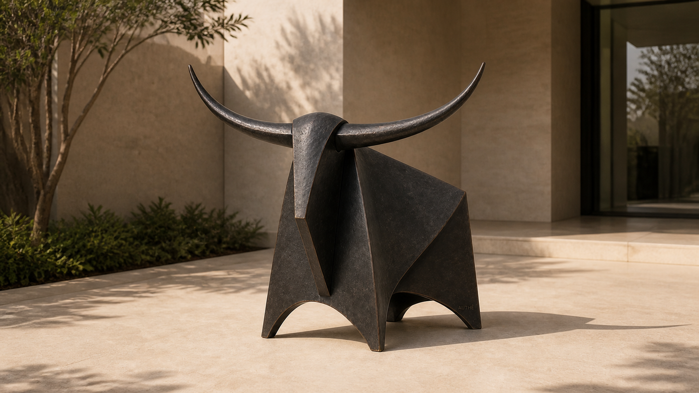 AUTHË v2 panoramic header — Aurochs I folded metal sculpture in a quiet stone courtyard, showing two mirrored horns and five folded body planes
