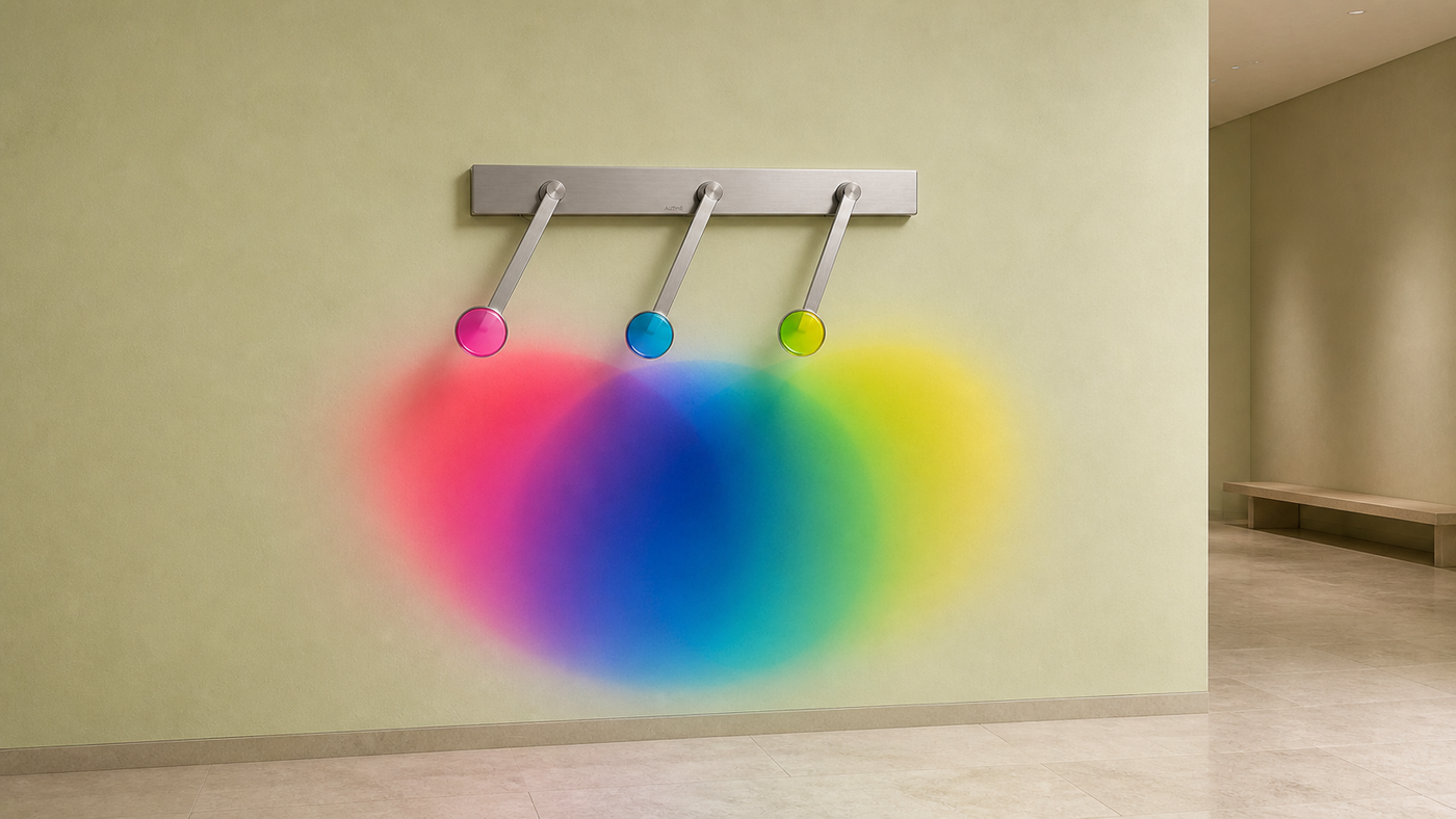 AUTHË v2 panoramic header — Chroma Arc on a pale gallery wall, with one brushed-metal rail and exactly three articulated magenta, cyan and yellow optical heads