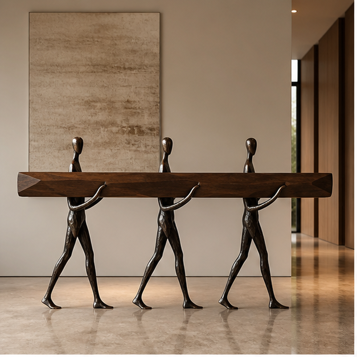 Confluence Console sculptural walnut and bronze furniture in a residential entry hall