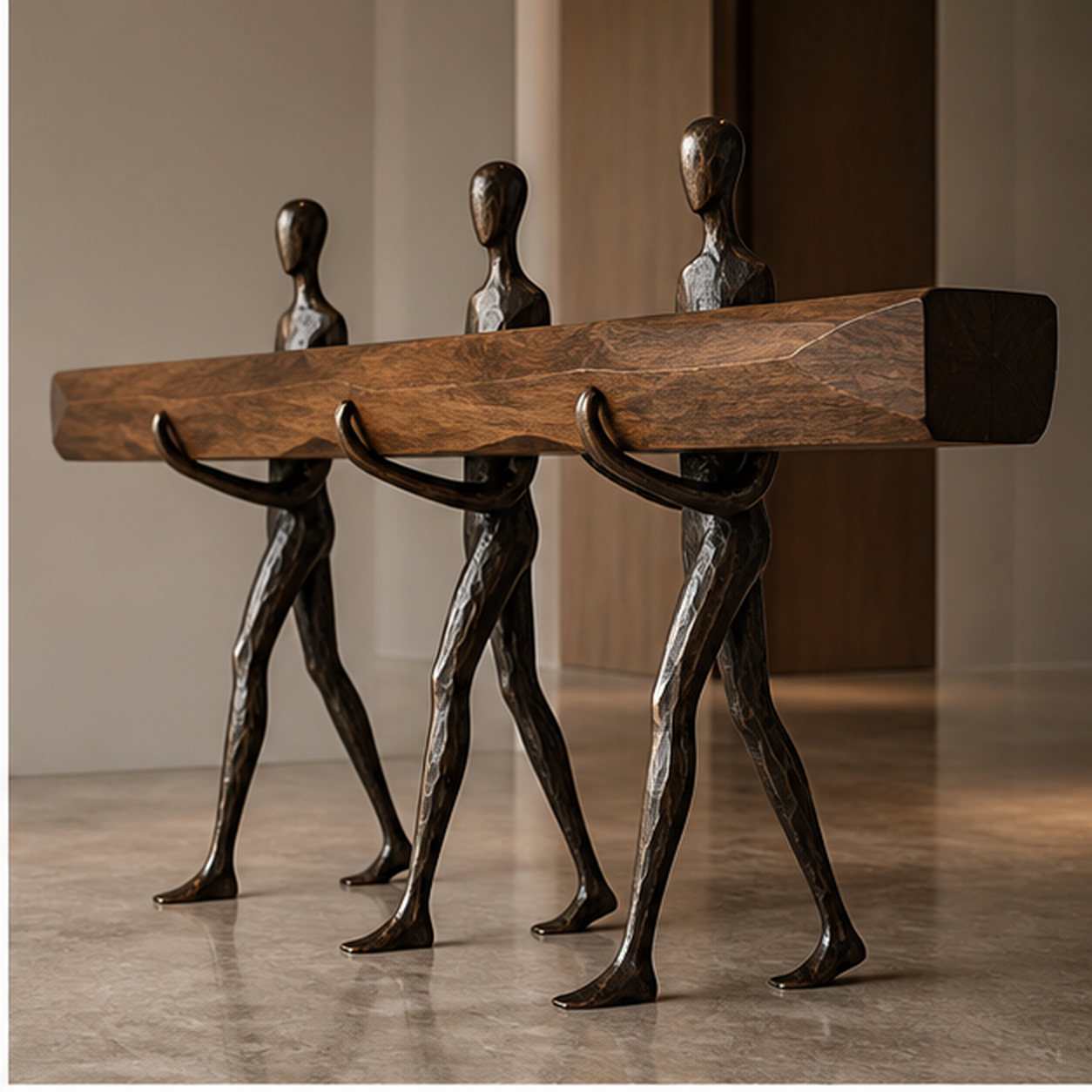 Confluence Console opposite angle showing three bronze figures and timber beam