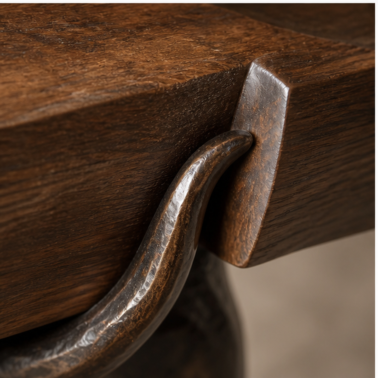 Confluence Console close detail of bronze support and smoked-walnut joinery