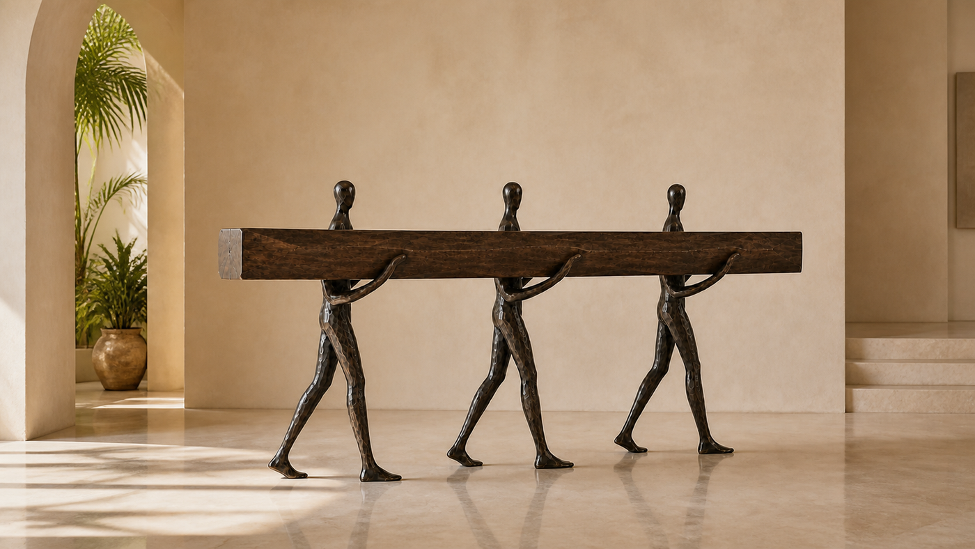 AUTHË v2 panoramic header — Confluence Console in a calm residential interior, with one walnut beam supported by three bronze figures