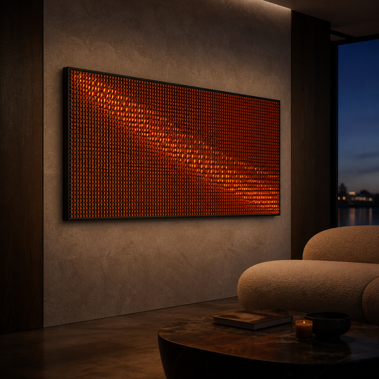 Ember Field kinetic light wall glowing in a dark residential interior