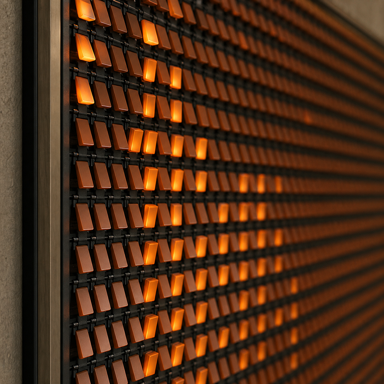 Close detail of the articulated amber light cells and black mechanical grid