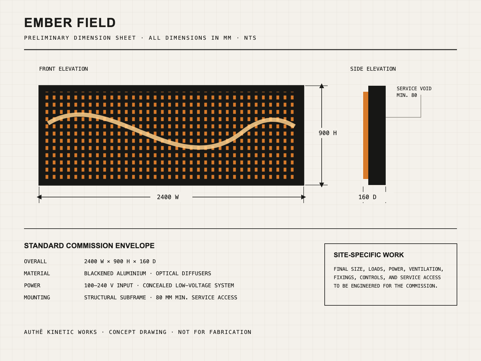 Preliminary dimension drawing for Ember Field with front and side elevations