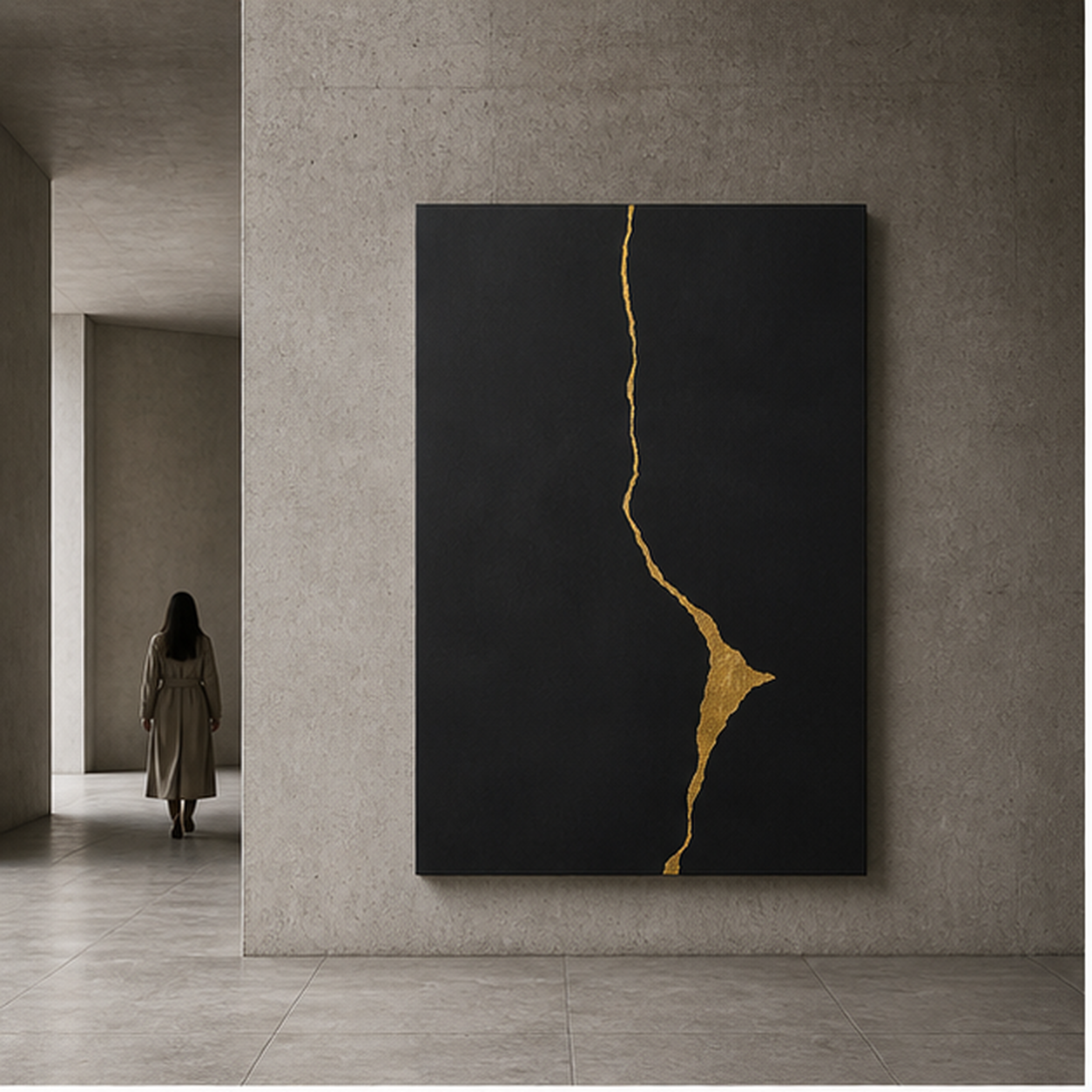 Fault Line No. 01 black mineral and brass wall artwork in a concrete gallery