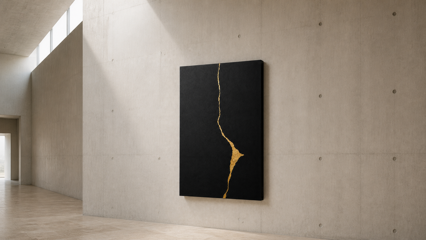 AUTHË v2 panoramic header — Fault Line No. 01 on a concrete gallery wall, with two black mineral planes divided by one cast-brass seam