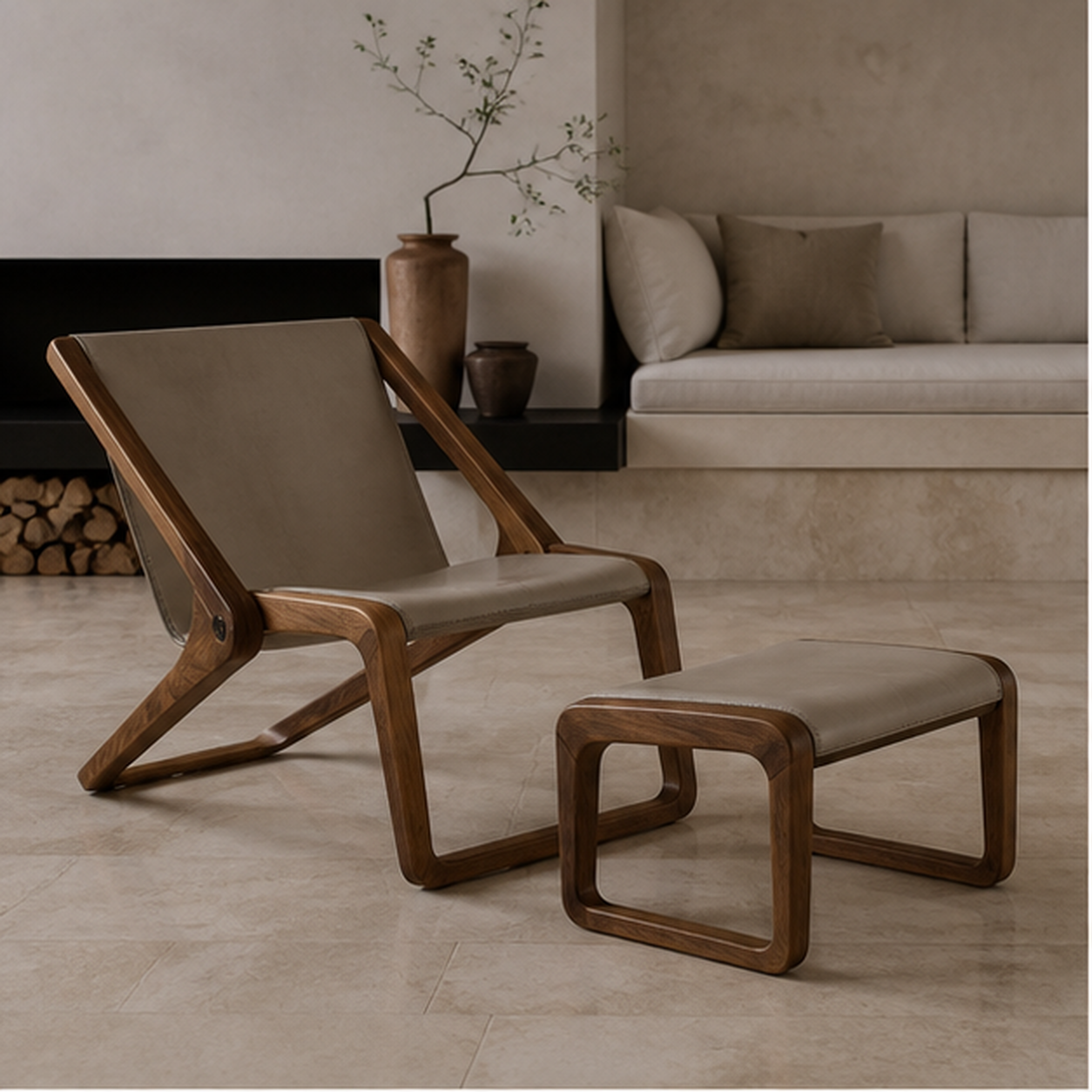 Fold Lounge chair and ottoman in a calm limestone living room
