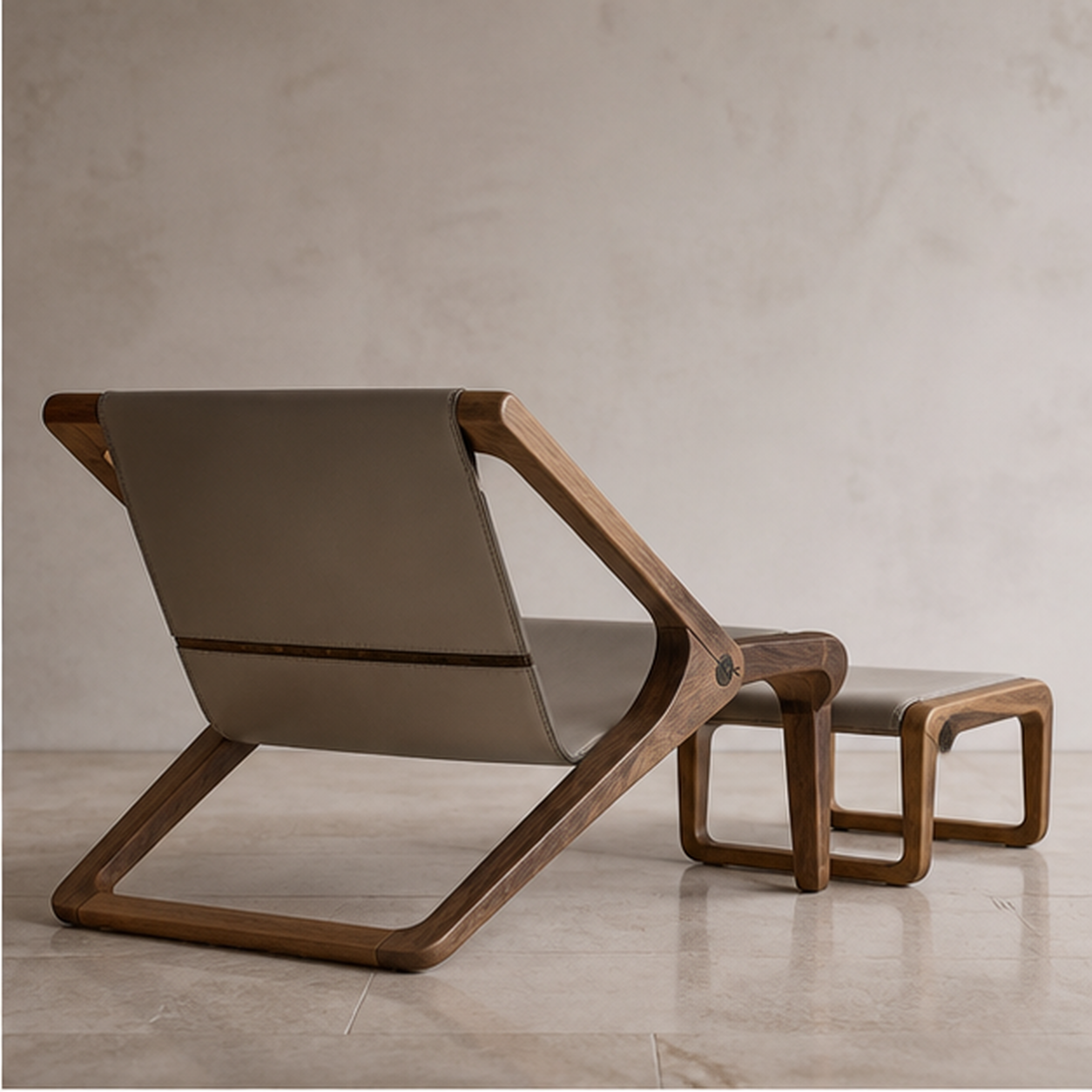 Fold Lounge rear view showing continuous walnut rails and leather suspension