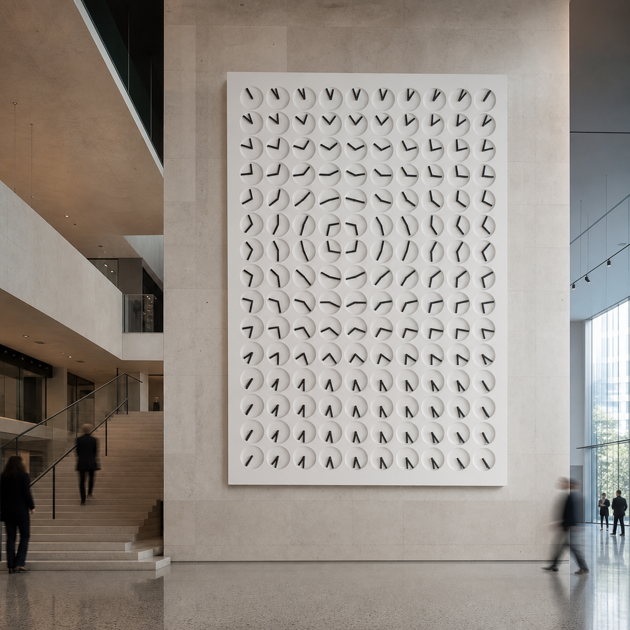 Interval 96 white kinetic dial wall sculpture in a double-height stone lobby
