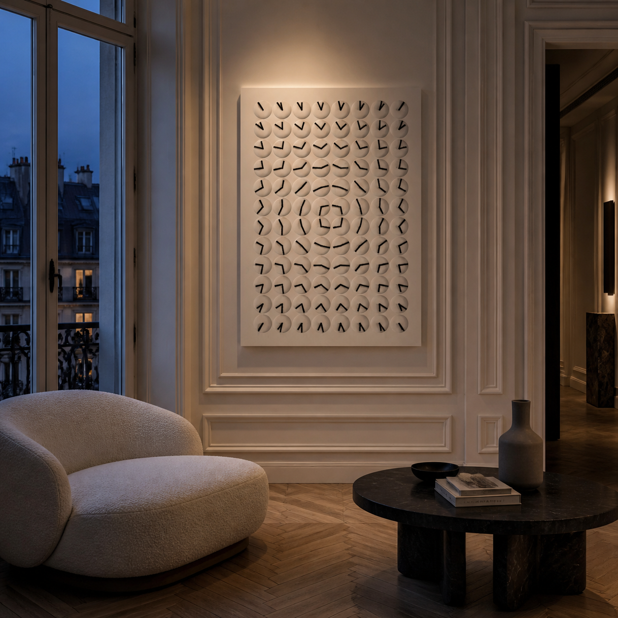 Interval 96 standard portrait dial sculpture in a Paris apartment at dusk
