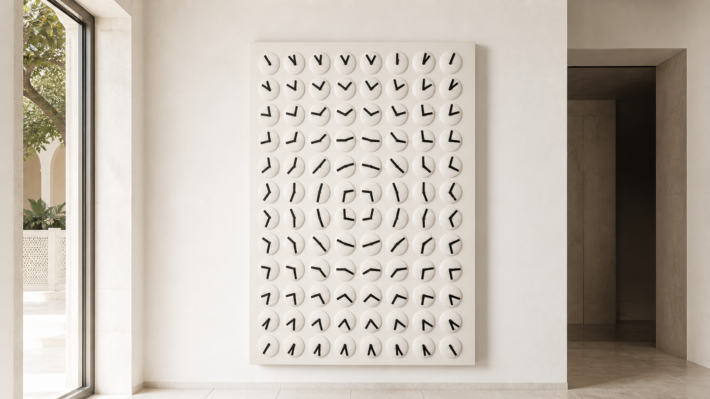 AUTHË v2 panoramic header — Interval 96 on a limestone gallery wall, with exactly ninety-six ivory dials arranged in eight columns and twelve rows