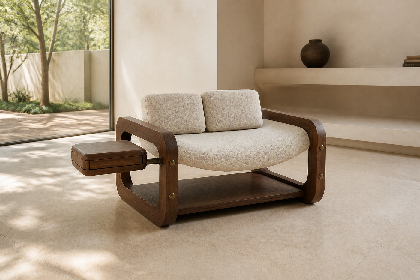 Interval Lounge with side table in a light Kerala interior · AUTHË v2 panoramic header design visualisation
