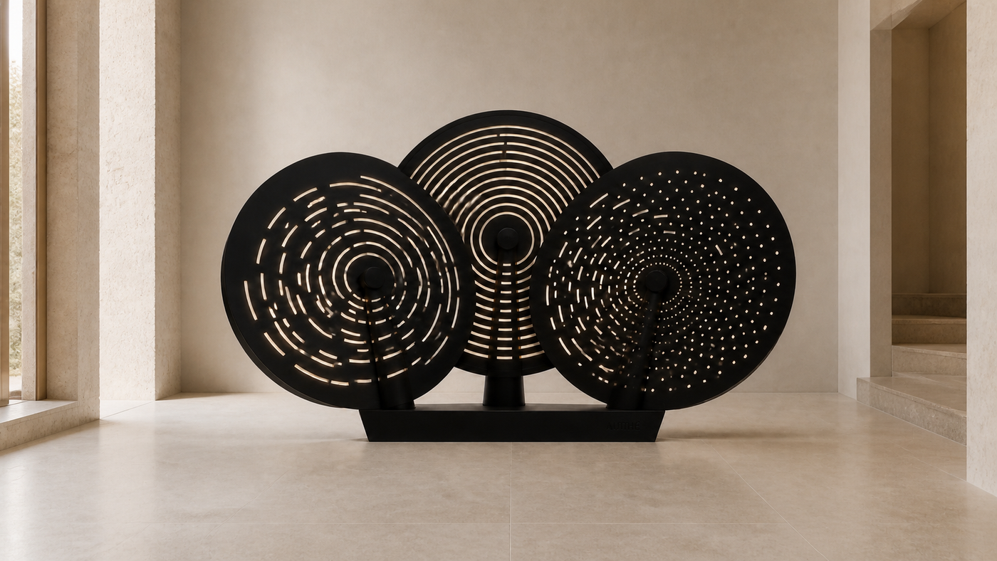 AUTHË v2 panoramic header — Parallax kinetic light sculpture in a light limestone interior, with three equal perforated discs on one floor plinth