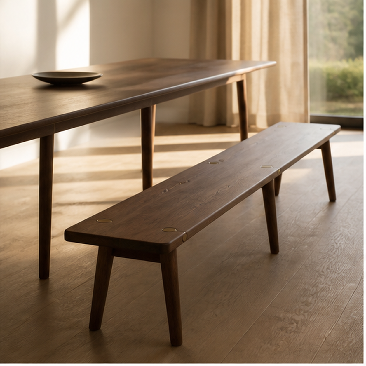 Pin Bench solid walnut statement furniture beside a dining table