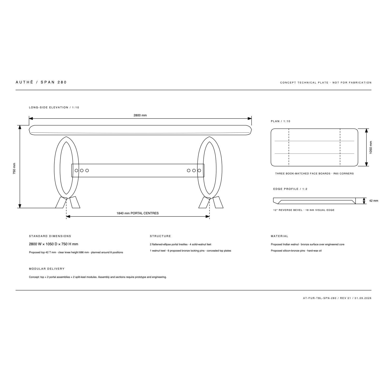 Span 280 Dining Table · AUTHË v2 dimension drawing · concept issue