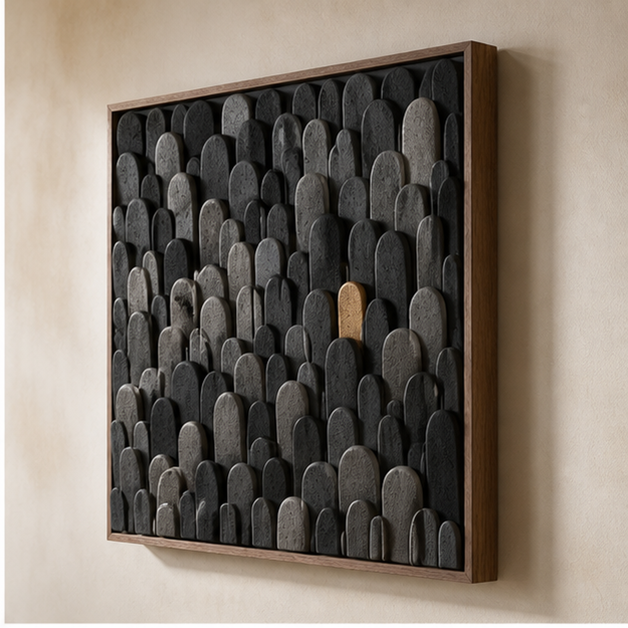 Strata No. 01 three-quarter view showing relief depth and smoked-oak frame