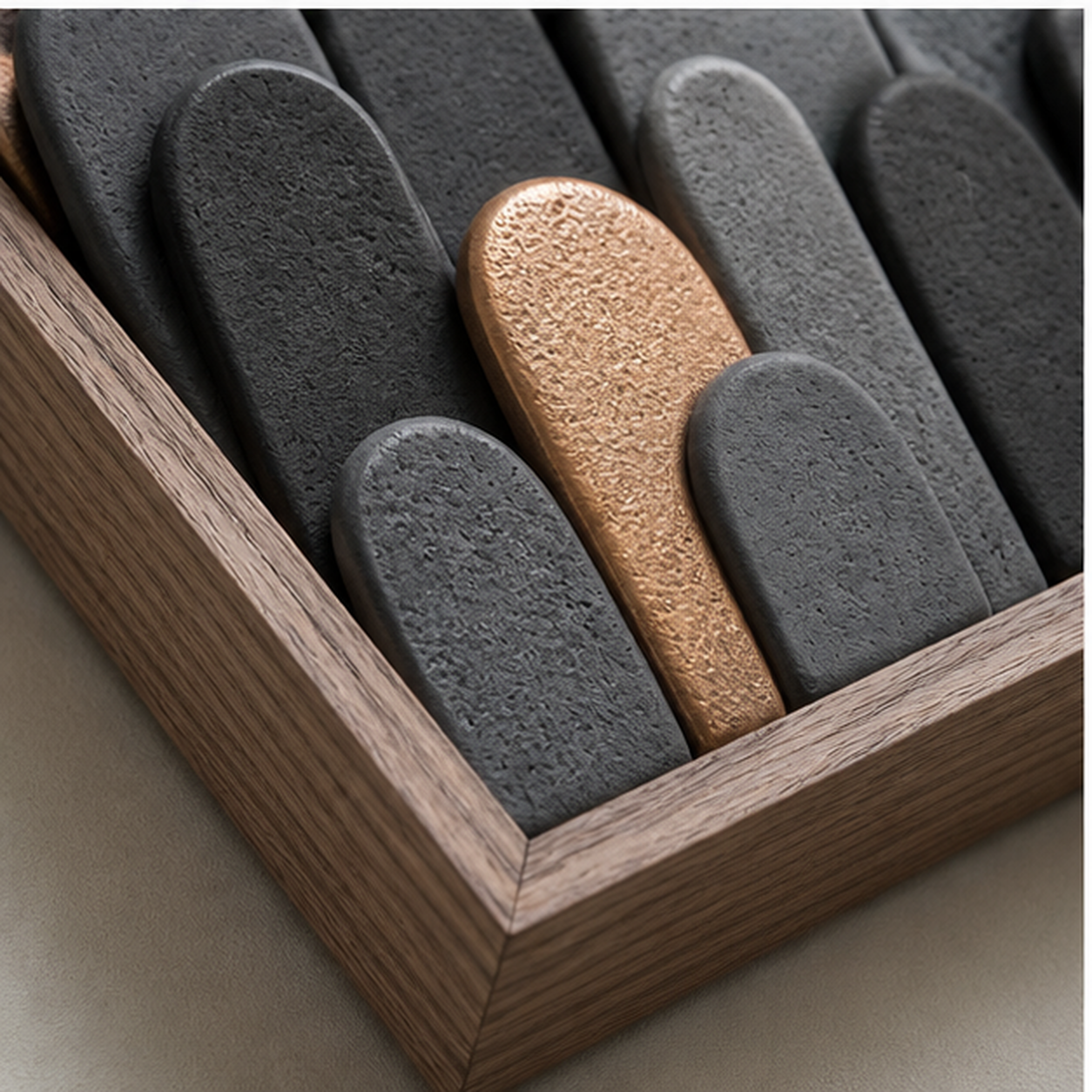 Strata No. 01 material detail in mineral composite, bronze and oak