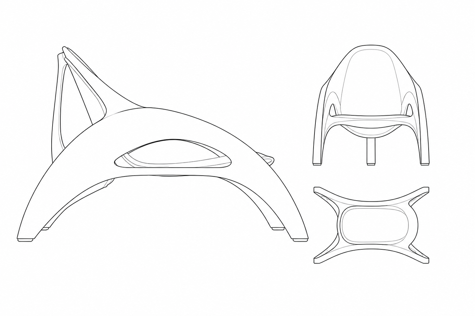 Arc Lounge monochrome engineering drawing with side, front and plan elevations