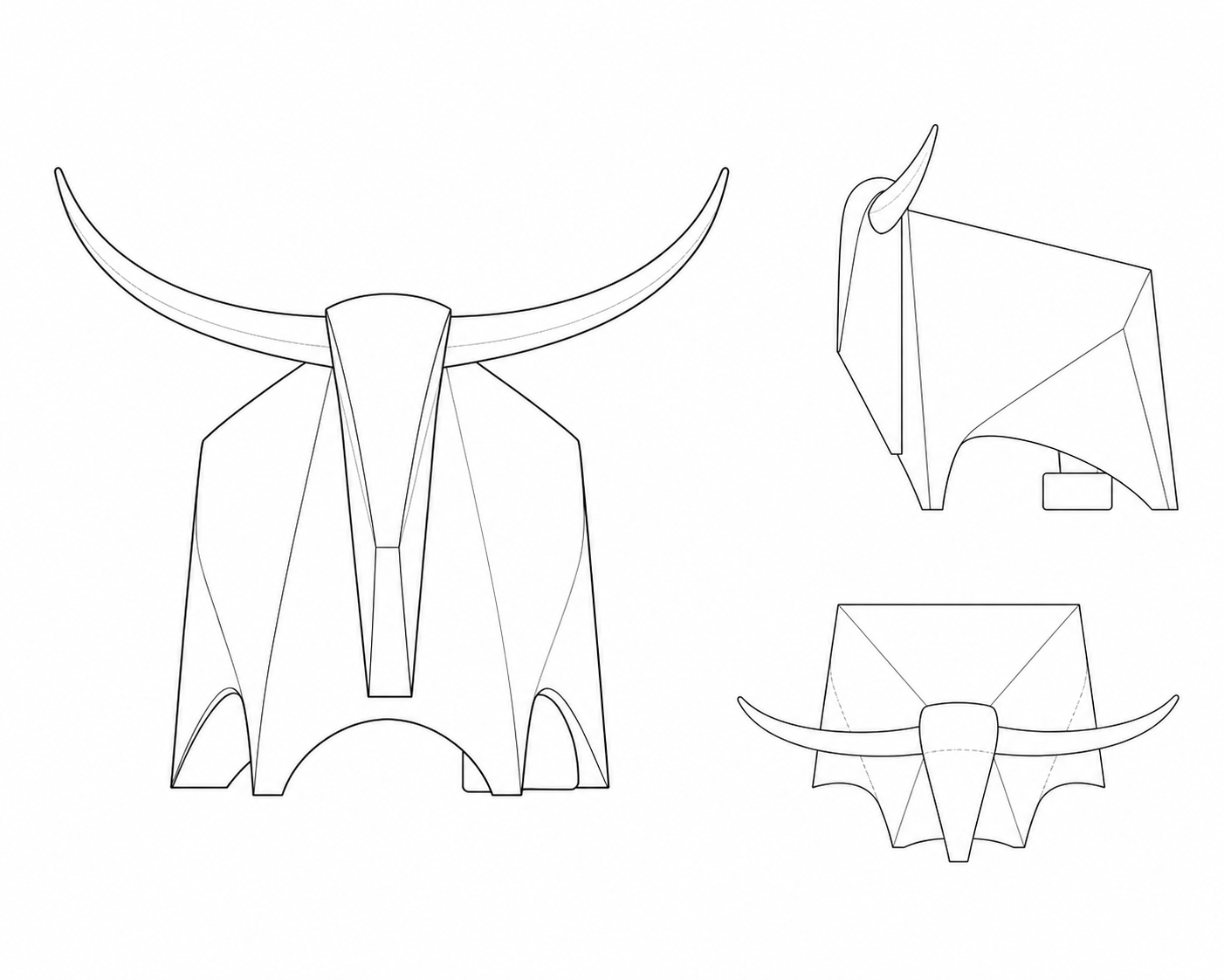 Aurochs I monochrome engineering drawing with front, side and plan elevations