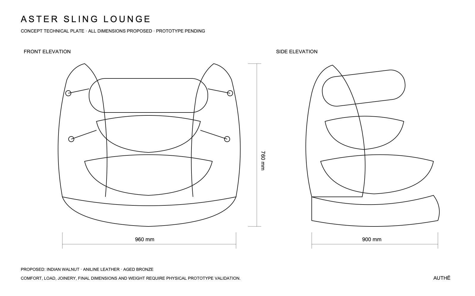Aster Sling Lounge · AUTHË v2 dimension drawing · concept issue