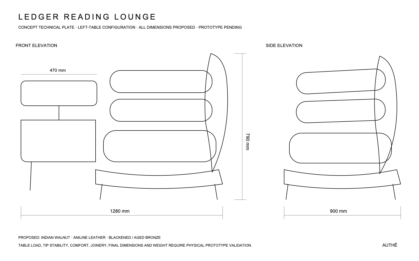 Ledger Reading Lounge · AUTHË v2 dimension drawing · concept issue