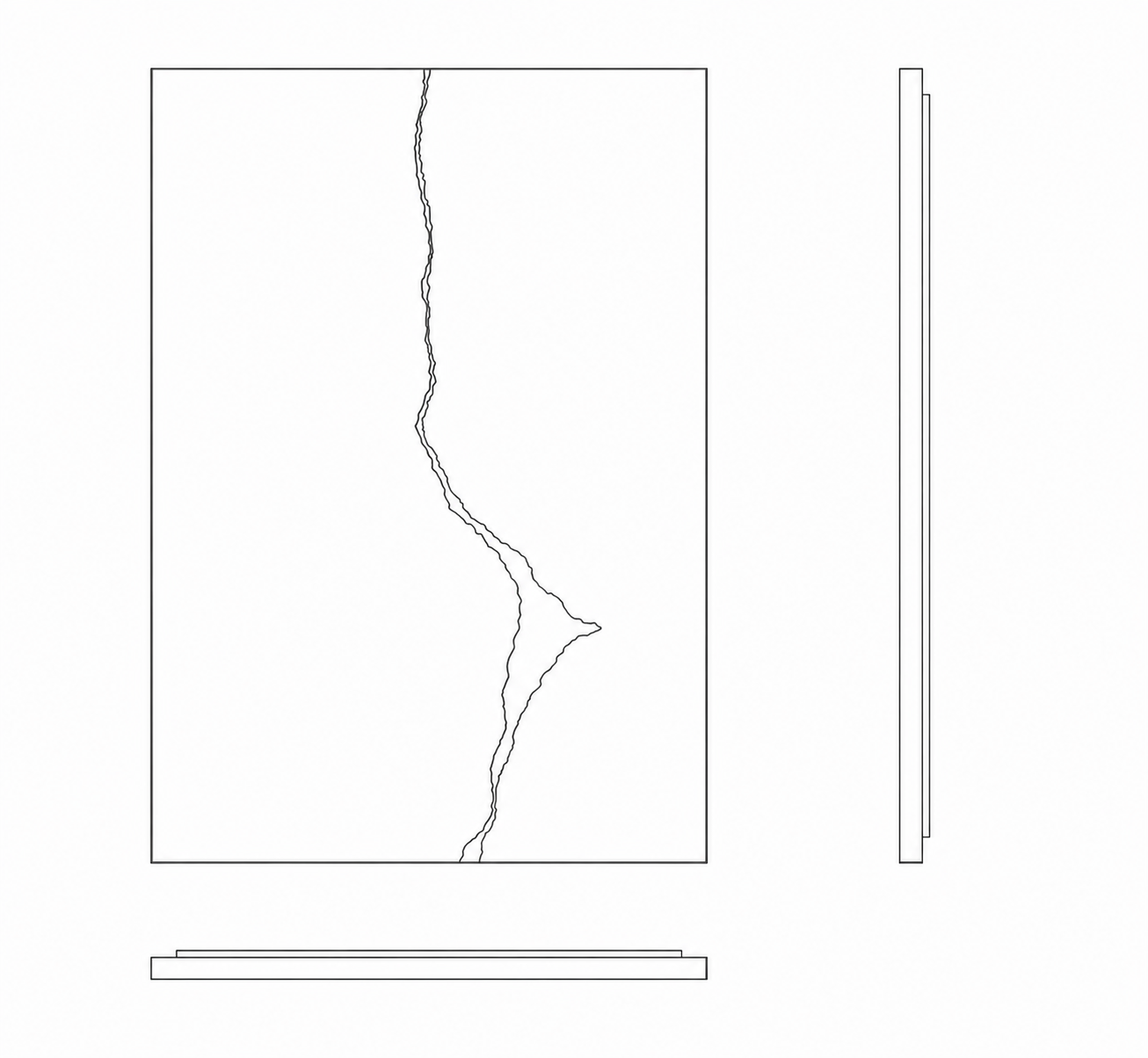 Fault Line No. 01 monochrome engineering drawing with front, side and plan elevations