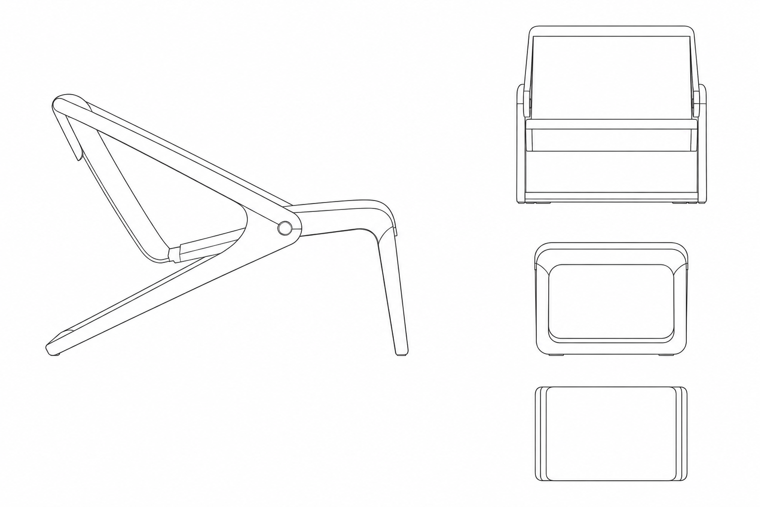 Fold Lounge monochrome engineering drawing with side, front and plan elevations