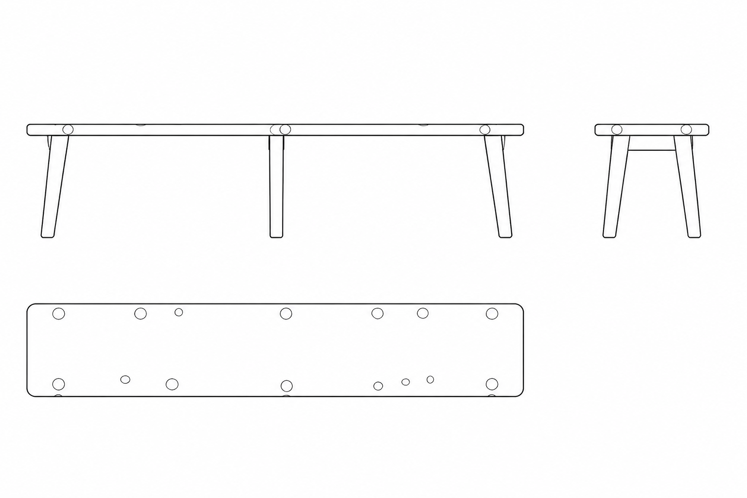 Pin Bench monochrome engineering drawing with front, end and plan elevations