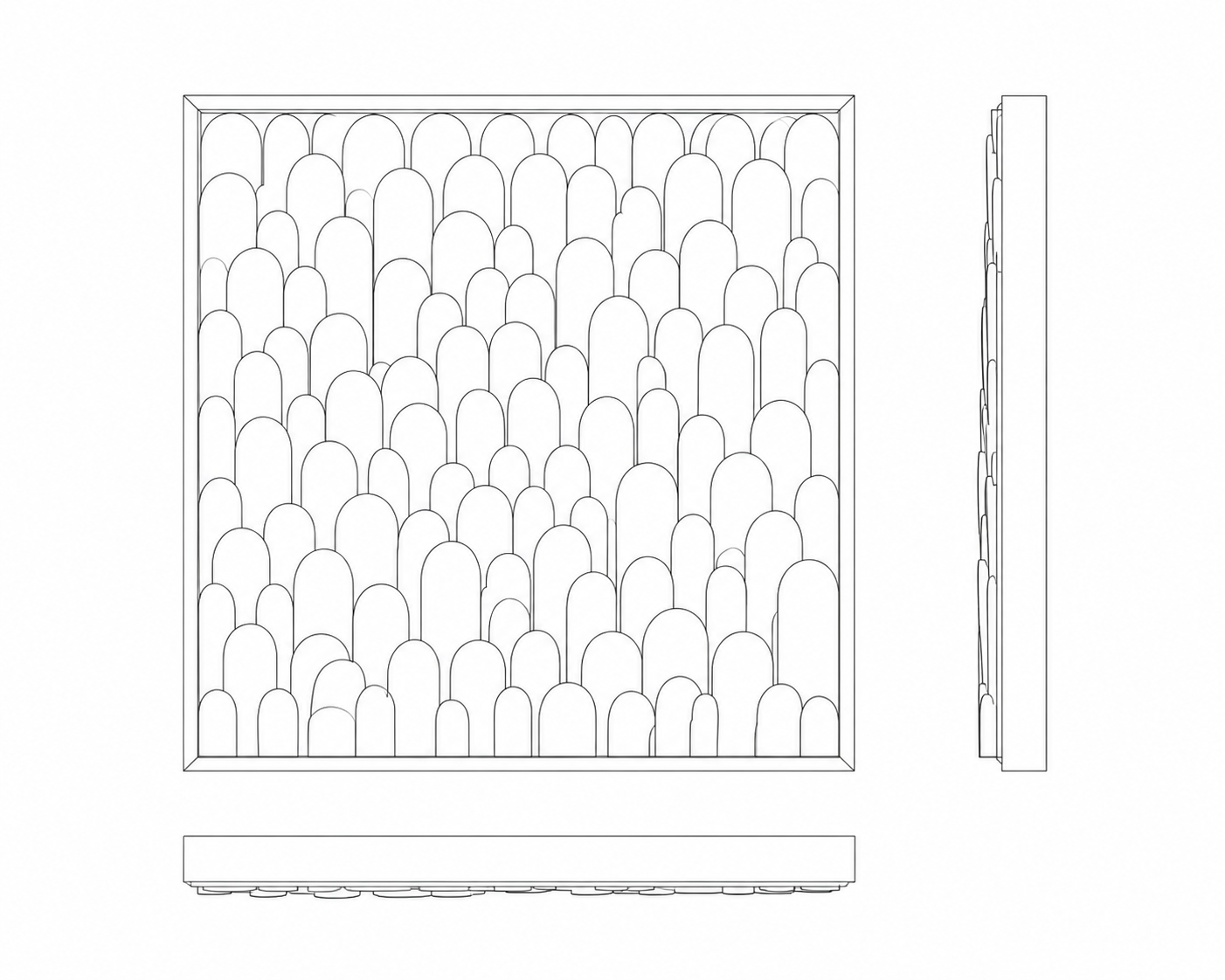 Strata No. 01 monochrome engineering drawing with front, side and plan elevations
